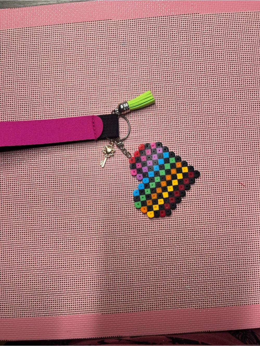 Rainbow Checkerboard Heart Keychain with Green Tassel